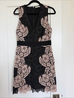 Alice + Olivia Black and Blush Floral Lace V-Neck Mini Dress